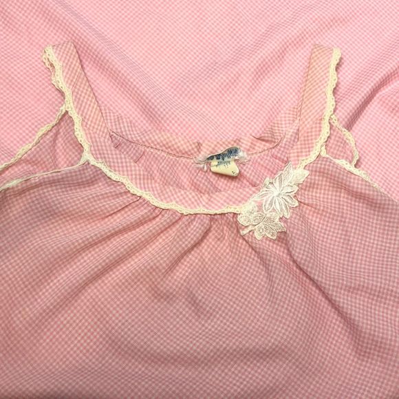 Vintage Eve Stillman Gingham Nightgown Large Sleeveless Pink Knit Applique - Picture 10 of 12